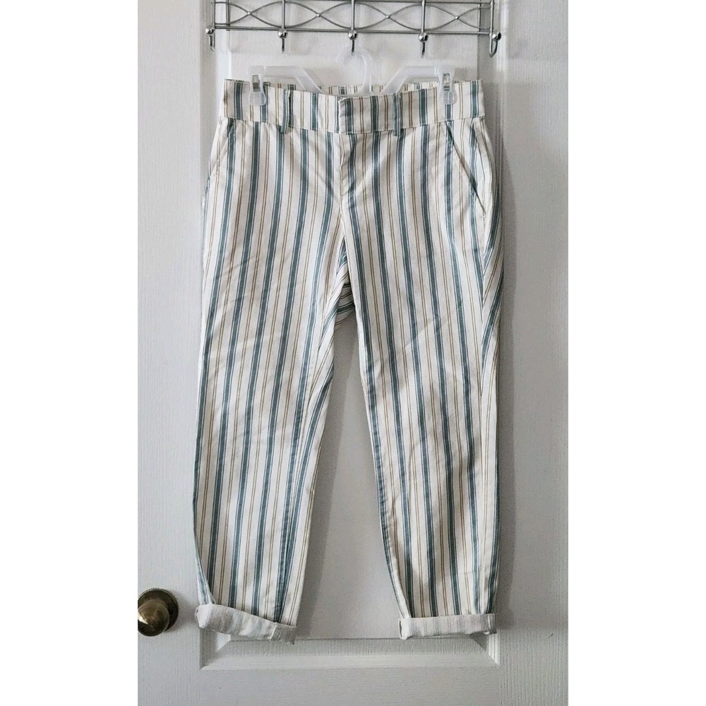 LOFT Women's Striped‎ Mid-Rise Cropped Pants Stretch Pockets White Green Size 4P